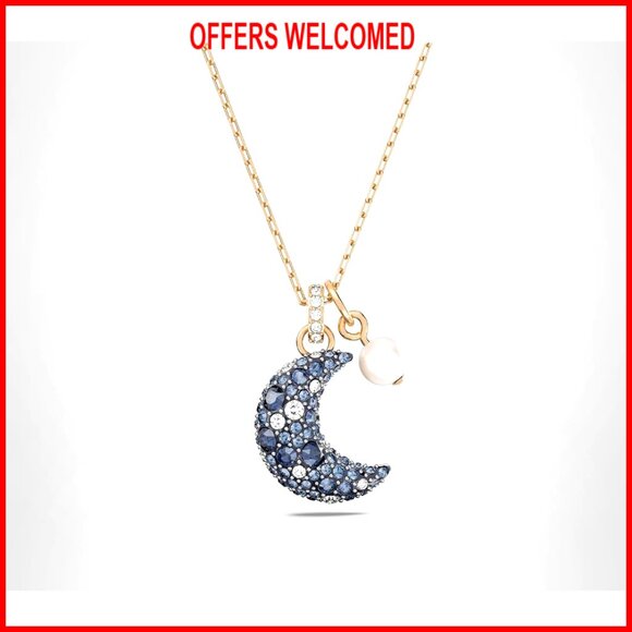 Crystal Crescent Moon Pendant Necklace Rose Gold Tone 18.5 Inch Chain